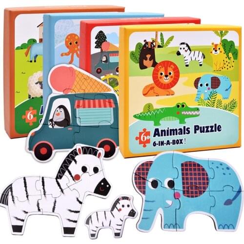 6-in-1 20CM Big Size Fun Cartoon Animal Elephant Lion Jigsaw Educational Toy Vehicles Bus Puzzle Matching Game Box for Kids Gift