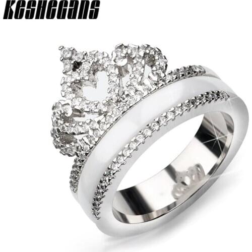 Exquisite Princess Queen Crown Shaped Ceramic Ring Shining Crystal CZ Ring For Women Girl Wedding Party Zirconia Fashion Jewelry