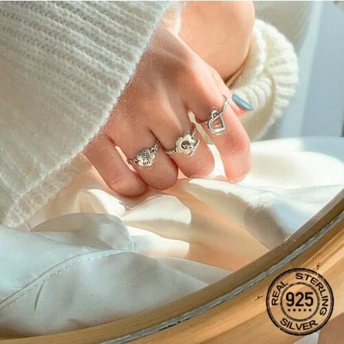 Movable Heart Opening Rings Flower S925 Silver For Women Adjustable Korean New Fashion Vintage Lady Jewelry Best Gifts INEFFA