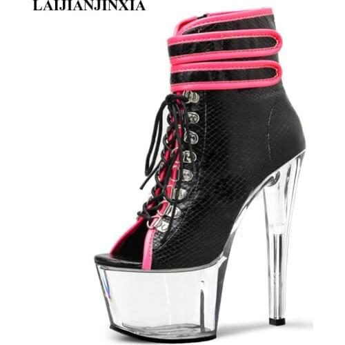 LAIJIANJINXIA New Peep Toe 7 Inch Super Stiletto Heels Sexy Boots Lace Up Low Tube Ankle Boots Nightclub Stripper Womens Shoes