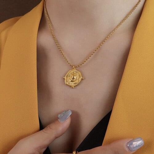 Best Price New Stainless Steel Irregular Round Gold Necklace For Women Vintage Beads Chain Minimalist Sunflower Pendant Necklace