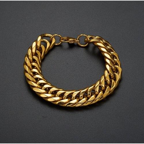 HIP Hop Rock Chain & Link Double Layer Cuban Bracelets Biker Gold Color Stainless Steel Curb Bracelet Bangles for Men Jewelry