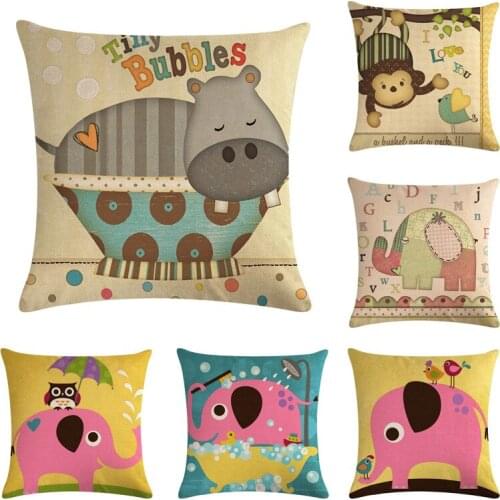 Cartoon Cute Animals Cushion Cover Cotton Linen Throw Pillow Cover Lion 45x45cm Home Decor Owl Elephant PillowCase For Sofa