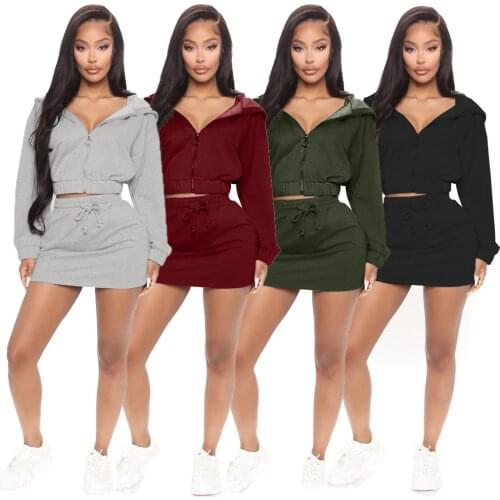2021 Autumn New European And American Fashion Womens Hooded Zipper Half-Length Skirt + Hooded Jacket Two-Piece Suit Women