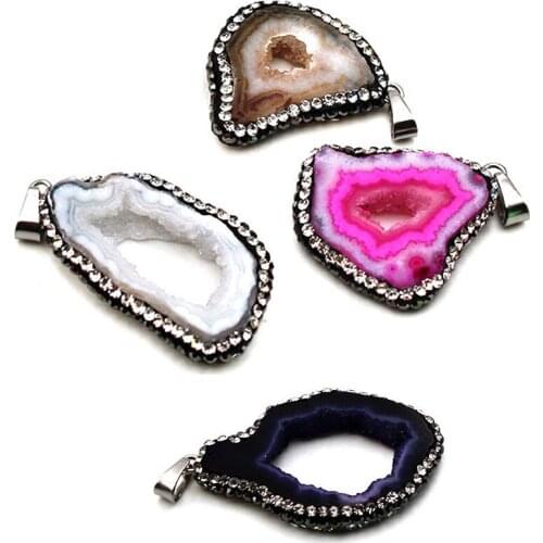 Orginal Design Handmade Sliced Agates Pendants with Natural Hole and Crystals Geode Quartz Necklace