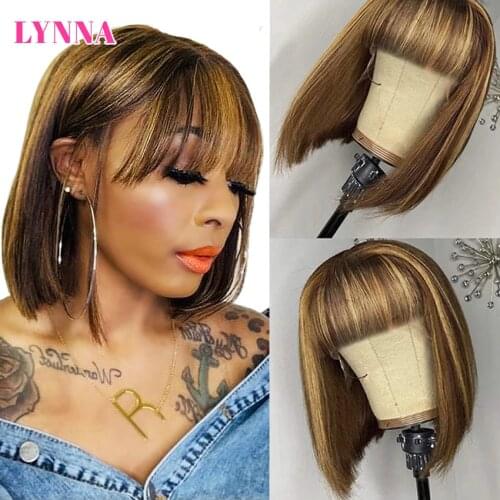 Straight BOB Human Hair Wig With Bangs Highlight Wig Short Straight BOB Bang Wig Honey Blonde Ombre P4/27 For Women150% Density