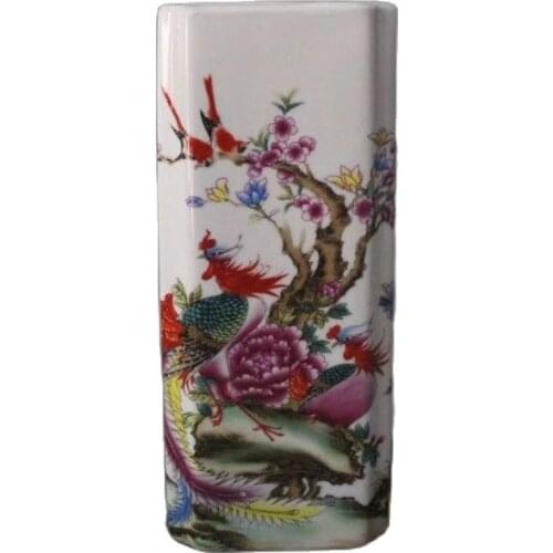 Early collection of Qianlong famille rose xiangfenglaiyi flowers and birds square high penholder antique porcelain ornaments