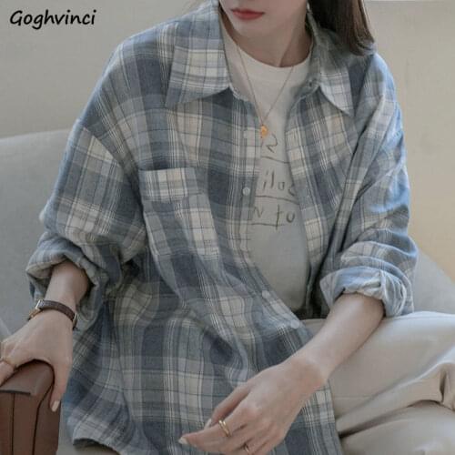 Plaid Shirt Women Spring All-match Simple Vintage Daily New Chic Female Soft Oversize Tender Turn-down Collar Fit Trendy Ulzzang
