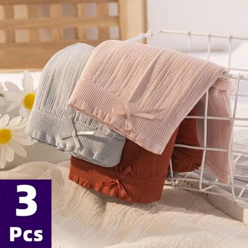 Womens Cotton Panties 3 Pcs/Pack Soft Striped Lace Women Underpants Solid Girls Bow Briefs Sexy Female Comfort Underwear