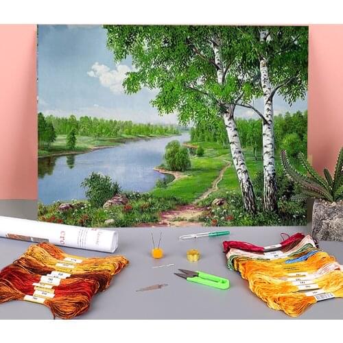 Landscape Tree Printed Water-Soluble Canvas 11CT Cross-Stitch Set Embroidery DMC Threads Painting Sewing Craft Hobby Decor