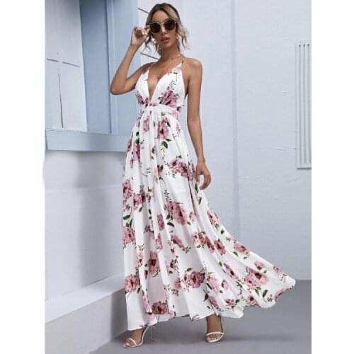 Womens White Chiffon Maxi Dress Printed Suspenders Sexy Temperament Elegant Holiday Commuter Summer V-Neck Long Skirt 2021