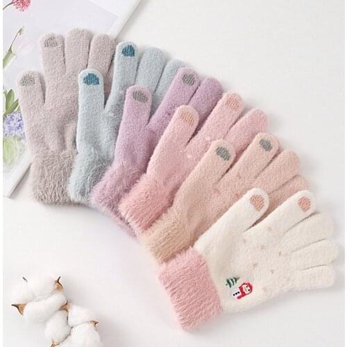 Womens Mink Fleece Finger Gloves Christmas Knitted Winter Warm Gloves Women Autumn Winter Warm Fleece Gloves for Xmas