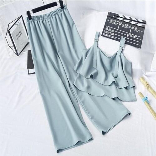 Gowyimmes New Summer Two Piece Korean Version Women Chiffon Wide Leg Pant + Ruffle Vest High Waist Lady Trousers Outwear PD993