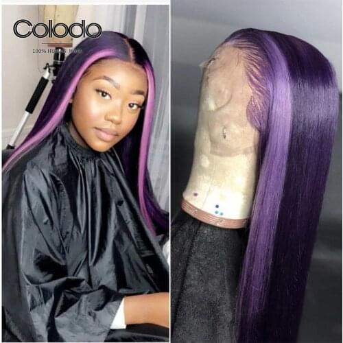 COLODO Red Blue Highlight Wig Pre Plucked Straight Lace Front Wig Remy Brazilian Lace Front Human Hair Wigs for Black Women