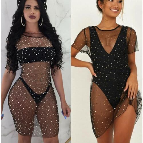 Women Sequins Mesh Bikini Short Sleeve See Through Cover Up Swimwear Swimsuit Beachwear Dress Vocation