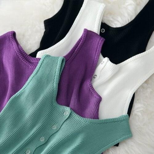 Womens Knitteed Ribbed O Neck Crop Tank Tops Solid Sexy Single-breasted Sleeveless Stretch Buttons Camis 2020 Summer Lady Vests