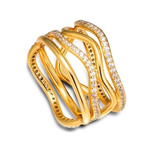 Clear CZ Swirling Lines Ring Jewelry 925 Sterling Silver Female Rings for Women Wide Design Crystal Rings Golden Shine Jewelry