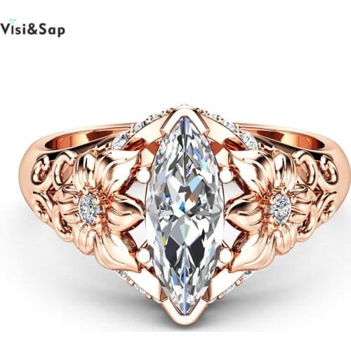 Visisap Hollow Luxurious Flower Rings for Women Horse Eye Clear Zircon Rose Gold Color Fashion Accessories Dropshipping B2178