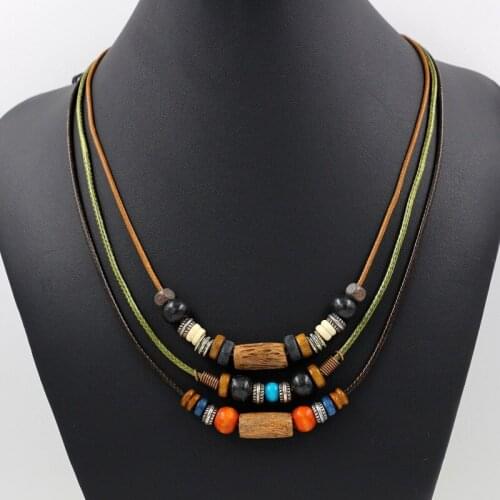 New Retro Bohemian summer national style fashion beach multi layer colorful wooden bead womens necklace sweater chain wholesale