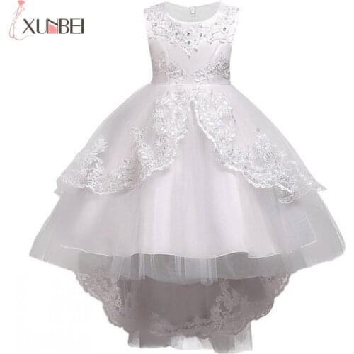 3-14 Years Puffy Flower Girl Tull Bow Dresses High Low Lace Appliques Draped RuchedDance Performance Dresses For Girls Vintage