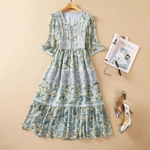 High Quality Silk Dress 2021 Autumn Fashion Clothing Women V-Neck Elegant Floral Print Lace Patchwork Mid-Calf Vintage Dress