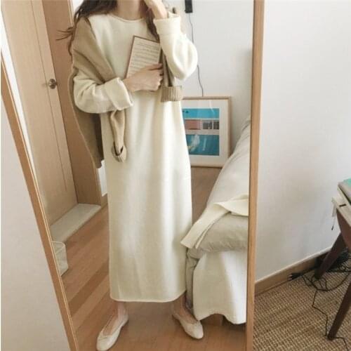 LMQ NEW 2020 Women O-Neck Knitted Dress Solid color Long Sleeve Bottoming Sweater Dresses loose Korean style chic straight dress