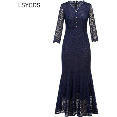 2020 Vintage Long Maxi Dresses Women Lace V Neck Three Quarter Sleeve Solid Elegant Mermaid Dress Party Wedding Long Vestidos