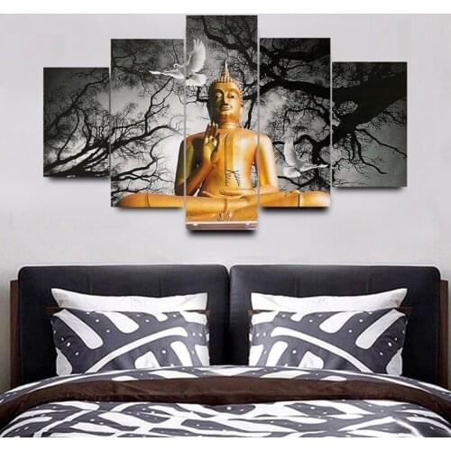 2018 JIE DO ART 5 Pieces Modern Canvas White Crane Painting Wall Art Budda Picture Home Decoration Statue of Buddha Religious