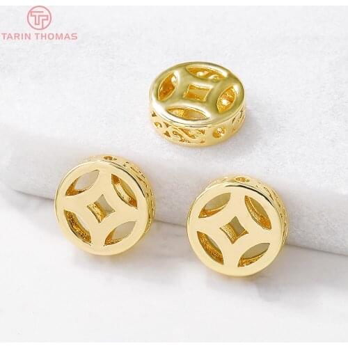 6PCS 12MM Hole 1MM 24K Gold Color Plated Brass Round Spacer Beads Bracelet Beads High Quality Diy Jewelry Accessories