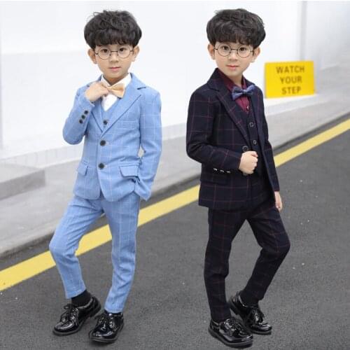 Childrens Plaid Suit Set Flower Boys Formal Wedding Party Host Costume Kids Blazer Vest Pants 3pcs Clothes Sets