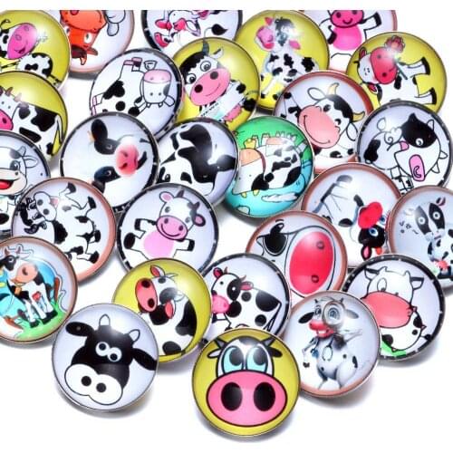 50pcs/Lot Cute Cow Theme Mixed Pattern Glass Charms 18mm Snap Button Jewelry For 20mm Snaps Bracelet Snap Jewelry KZHM069