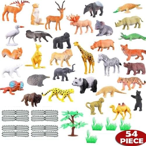 54Pcs Mini Animal Model Toys Set Elephant Giraffe Hippo Lion Rhinoceros Tiger Wild Plastic Animals Educational Toy for Children