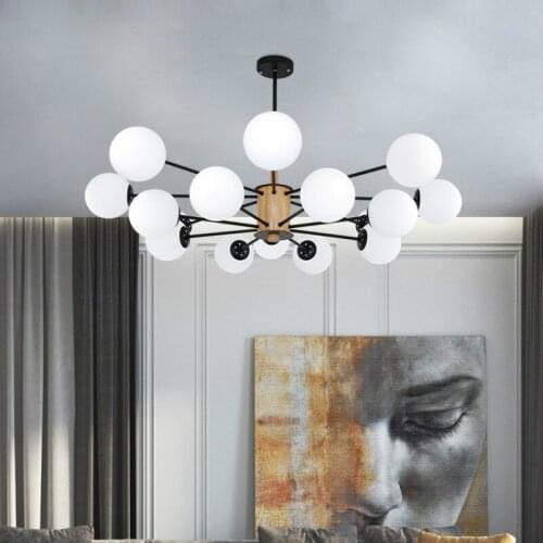 Wooden LED Pendant Lights with Glass Lampshade For Dining Room Metal Cord Hang Lamp Adjustable Hanging Lighting Fixture