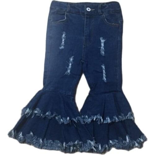 Girlymax Baby Girls Kidswear Outfits Children Cotton Clothes Tight Bell-bottoms Denim Jeans Ruffles Pants Elastic All-match