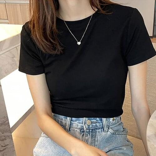 T Shirt Women Summer New Korean Solid O Neck Slim Thin Basic Tee T-Shirt Female Short Sleeve Stretch Short Sleeve Casual Tops