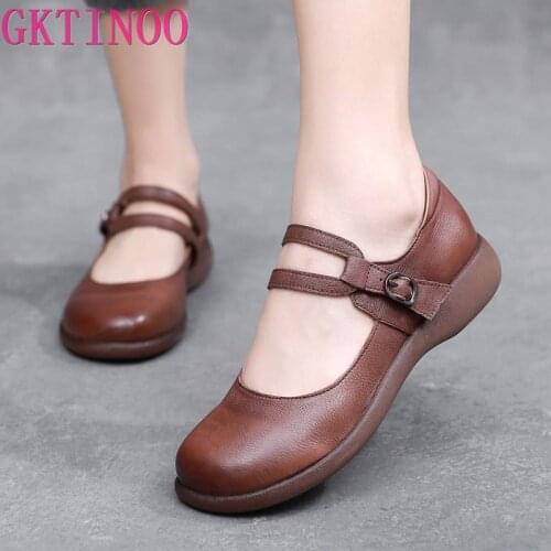 GKTINOO Leather Shoes Women Mary Janes Genuine Leather Womens Shoes Round Toe Belt Buckle Ladies Casual Flats Large Size
