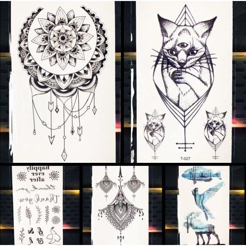 Henna God Cat Geometry Pendants Temporary Tattoos Girls Kids Black Tattoo Stickers Body Arm Neck Art Waterproof Tatoos Women