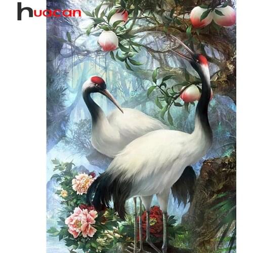 Huacan Diamond Painting Full Drill Crane Home Decor Diamond Embroidery Peach Flower Mosaic Animal Wall Sticker