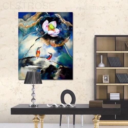 Chinese Style Colorful Print Picture Lotus Magpie Canvas Painting Retro Art Fashion Posters Modern Home Decoration Office Wall