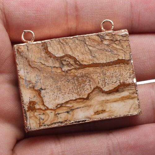 Natural Stone Pendant Rectangle Double Hole Picture Stone Pendant For Jewelry Making DIY Necklace Bracelet Anklet Accessory