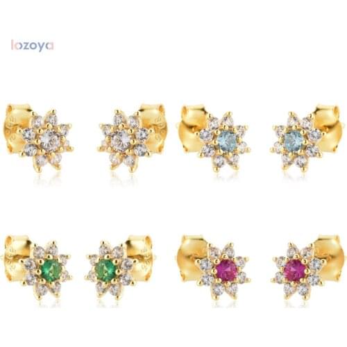 LOZOYA 925 Sterling Silver 2021 Rose Red Luxury Jewelry Clear Sunflower Stud Earring Piercing Crystal Pendiente Clips Party