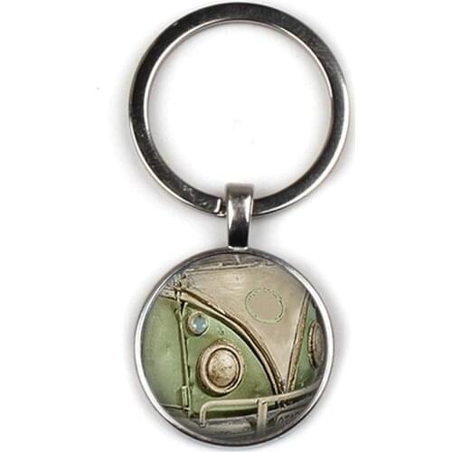 New Retro Hippie Peace Sign Key Ring Fan Bus Camper Pendant Key Chain Charm Fashion Man Woman Jewelry Round Glass Key Chain Gift