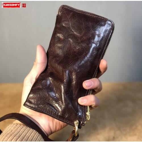 New Soft Leather Thin Mens Wallet Vintage Leather Card Holder Long Wallets Casual Wrinkled Tide Purse Youth Male Clutch Bag Men