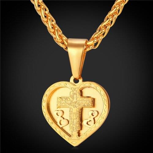 Heart Necklace Women Jesus Piece Cross Pendant Jewelry Gold Color/Stainless Steel Chain Pendants & Necklace GP2258