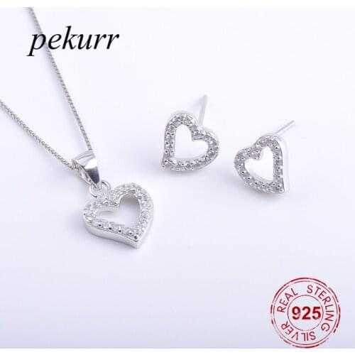 Pekurr 925 Sterling Silver Simple Zircon Love Heart Earrings Necklace Sets For Women Hollow Heart Pendants Jewelry Sets