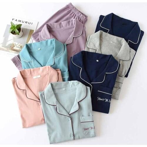 Couples Lovers Pajamas Set Solid Color Turn-down Collar Cardigan+Pants for Men and Women Homewear Sleepwear Loose Casual Wear