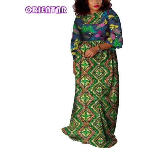 African Dress Women Casual Dashiki African Print Cotton Traditional Clothing Lady Long Sleeve O-Neck Africa Maxi Dress WY4813