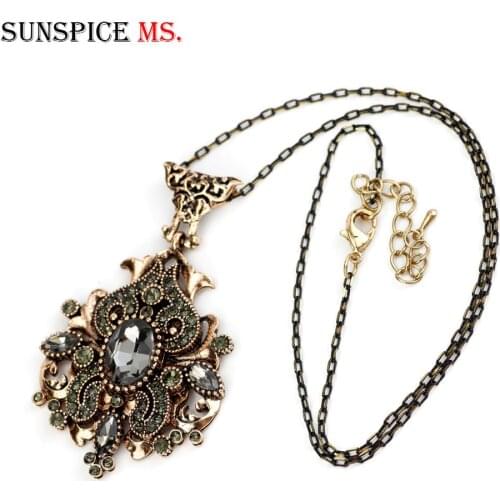 Sunspicems Vintage Grey Crystal Necklace For Women Turkish Antique Gold Color Pendant Necklace Ethnic Wedding Jewelry Gift