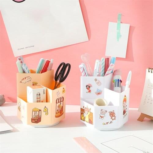 Prismatic Three Grid Pen Holder 360 Degree Rotating Pencil Holder Desktop Storage Box Cute Desk Pen Holder Student Stationery