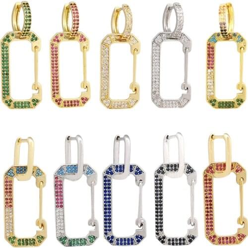 QMHJE Geometric Dangle Earrings for Women Earring Rainbow Green CZ Jewelry Drop Hoop Rectangle Statement Indian Wholesale